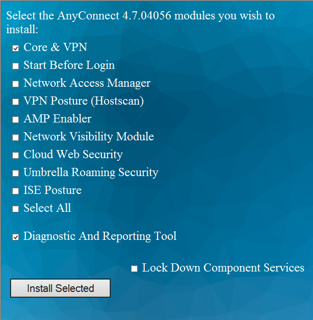 Wählen Sie im Installationsmenü „Core & VPN“ und "Diagnostic And Reporting Tool" aus.